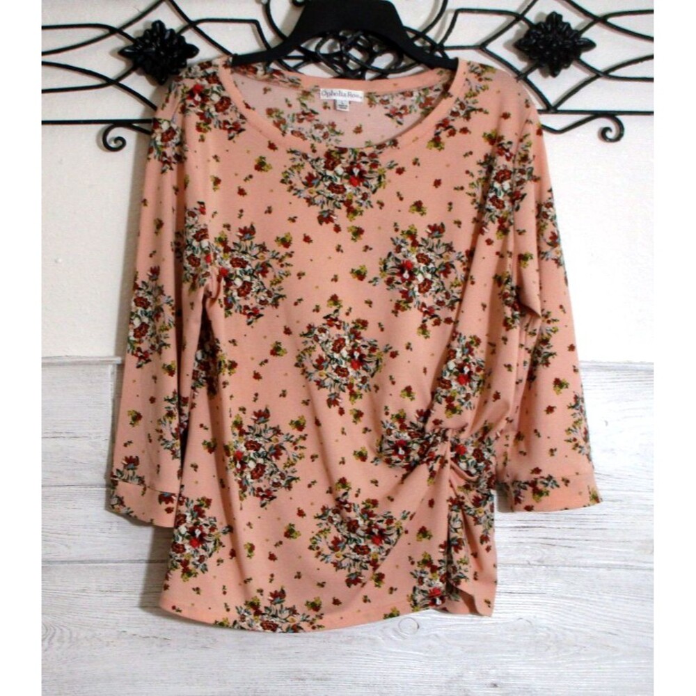 Ophelia Roe Women's Knit Top Size L 3/4 Sleeve Pink Floral Round Neck